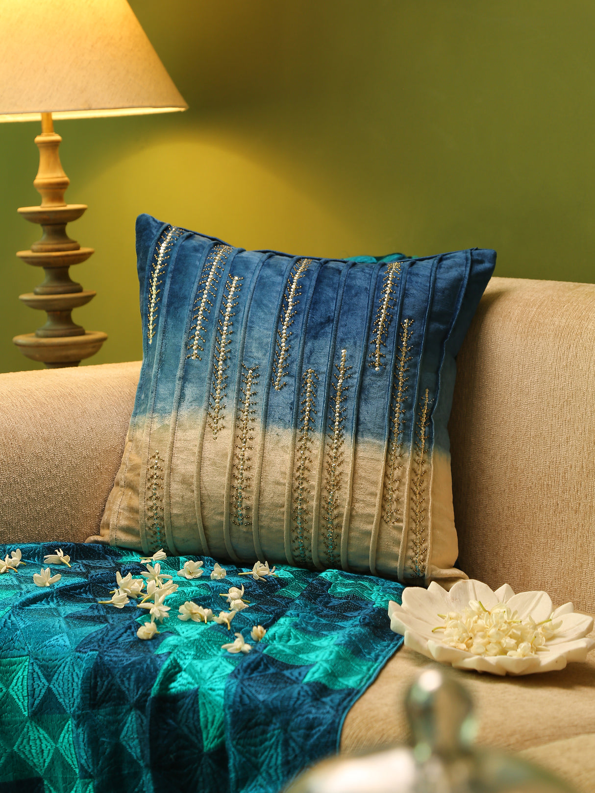 Blue Beige Ombre velvet cushion cover with embroidery and bead work