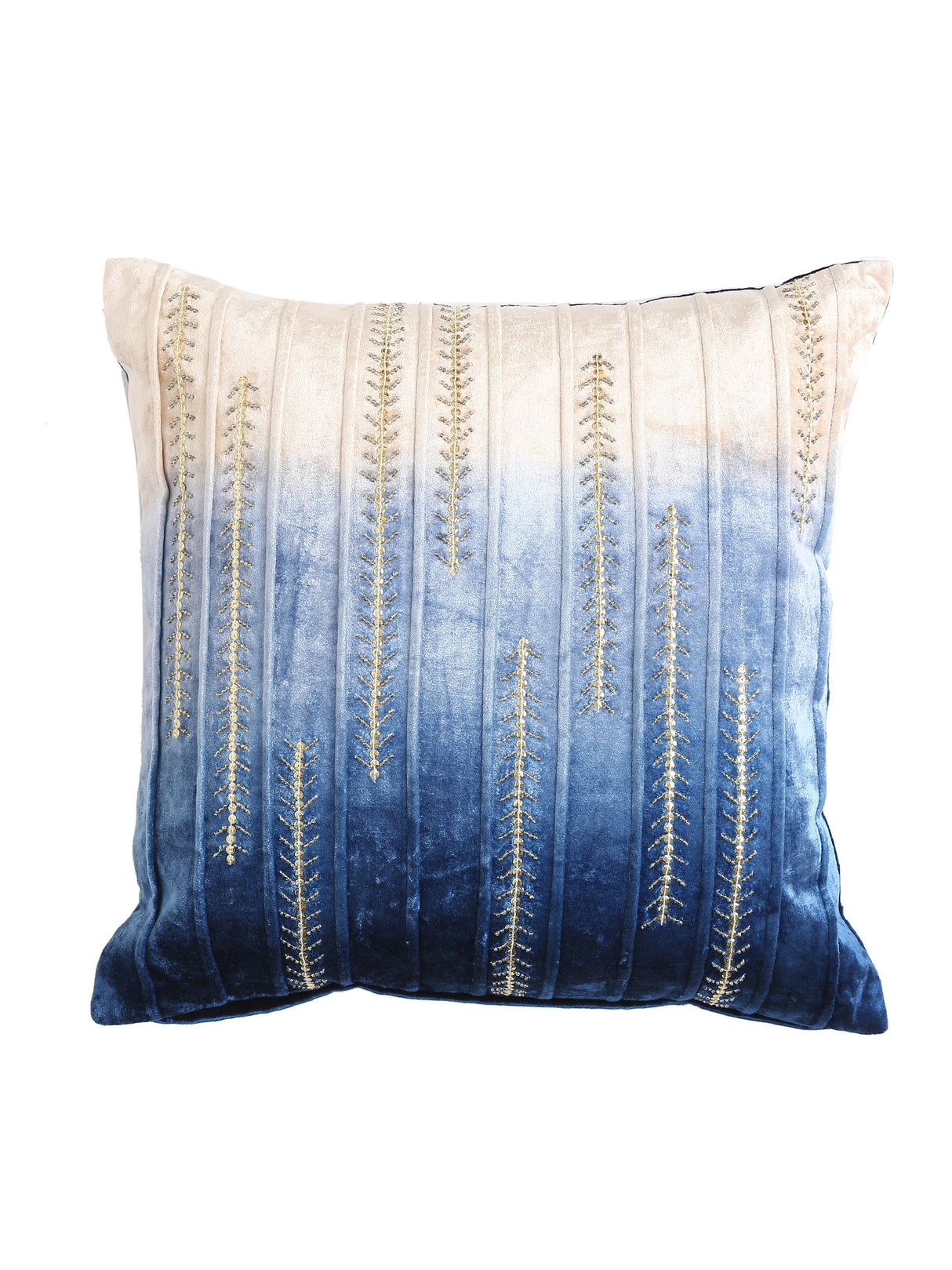 Blue Beige Ombre velvet cushion cover with embroidery and bead work
