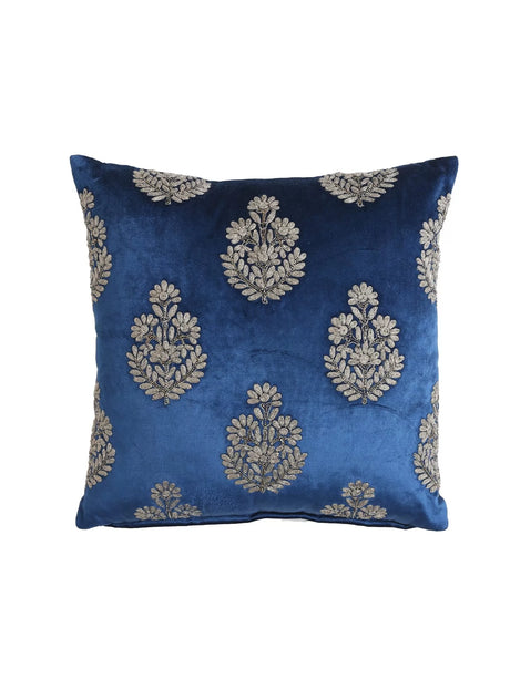 Hand Beaded Cushion Cover - Blue Velvet Zari Embroidery