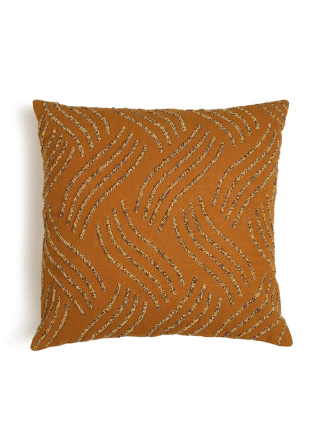Hand Beaded Cushion Cover - Mustard Wave Design