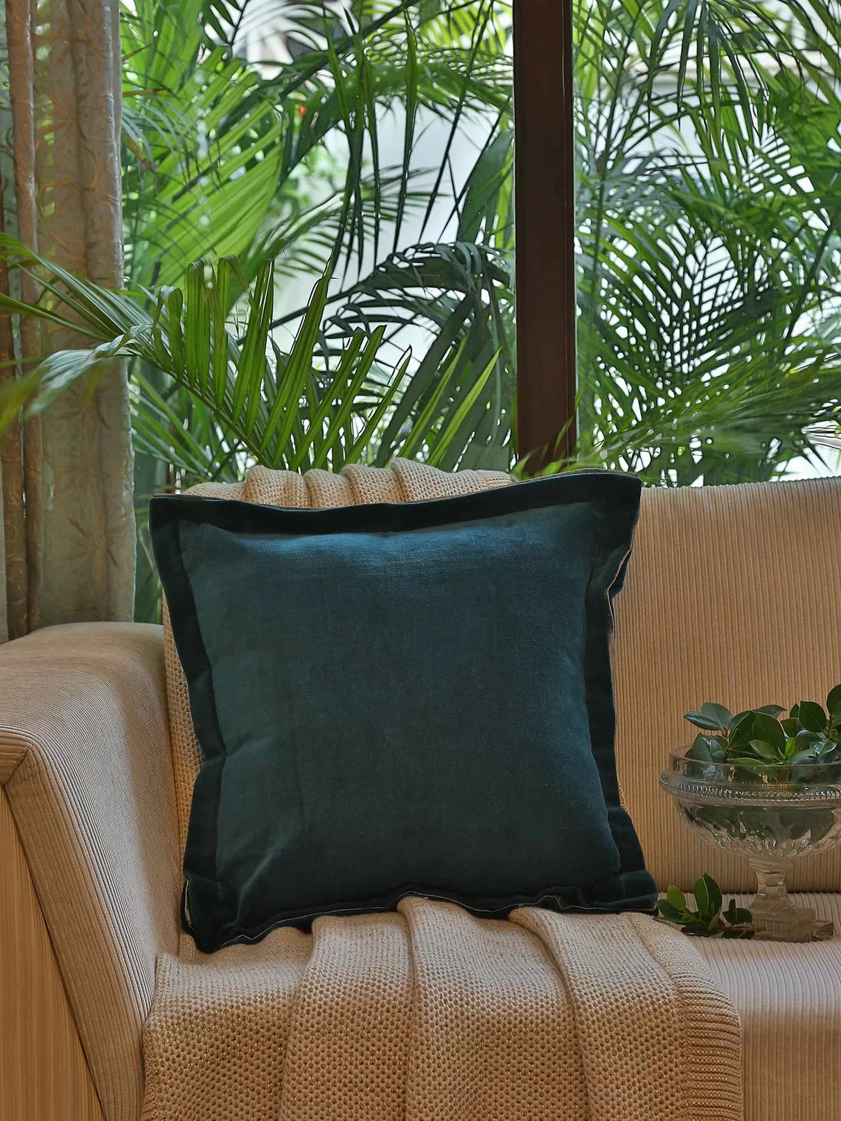 Cotton Velvet Cushion Cover - Teal With Contrast Border Trim