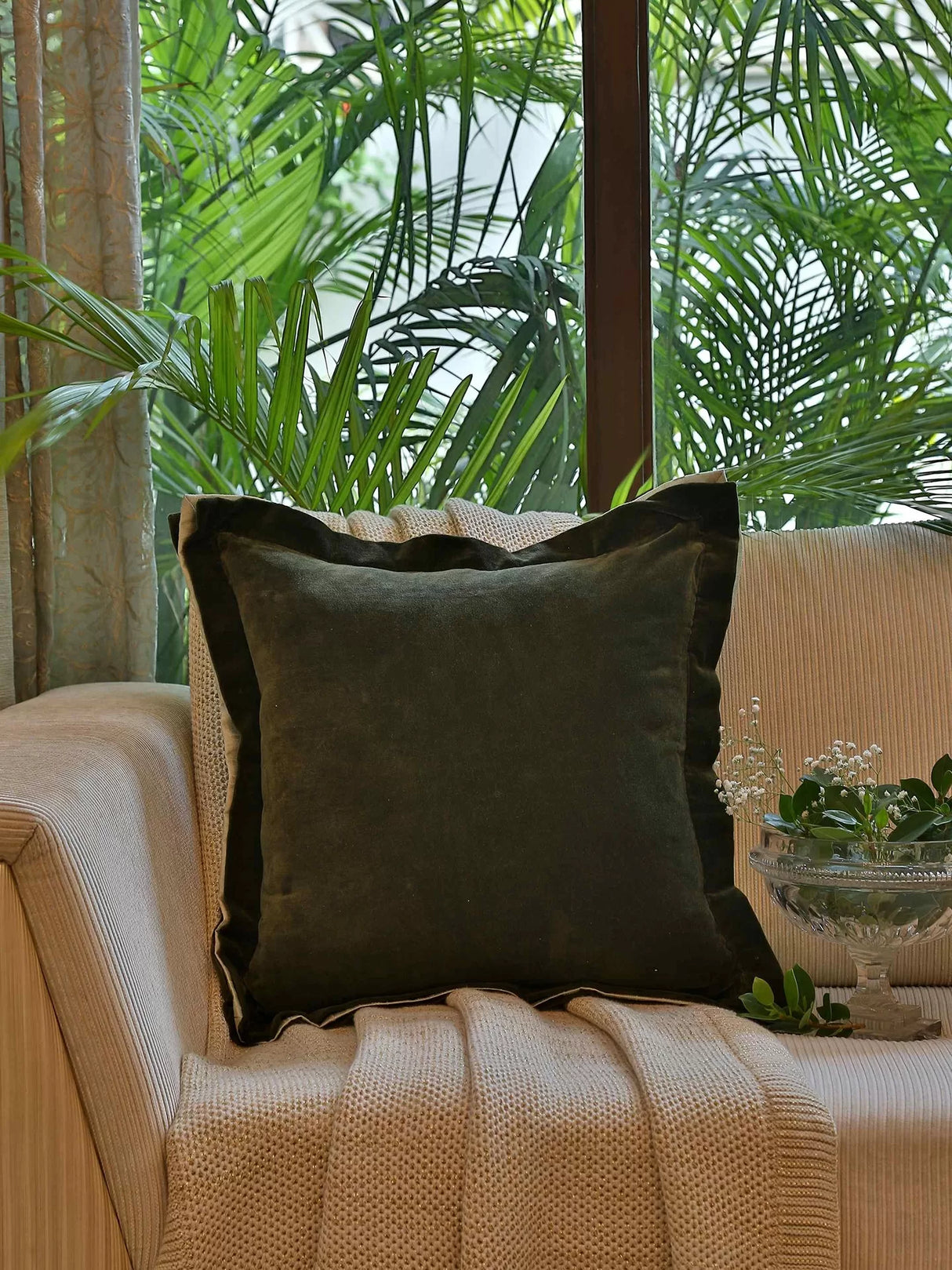 Cotton Velvet Cushion Cover - Olive Green With Contrast Border Trim