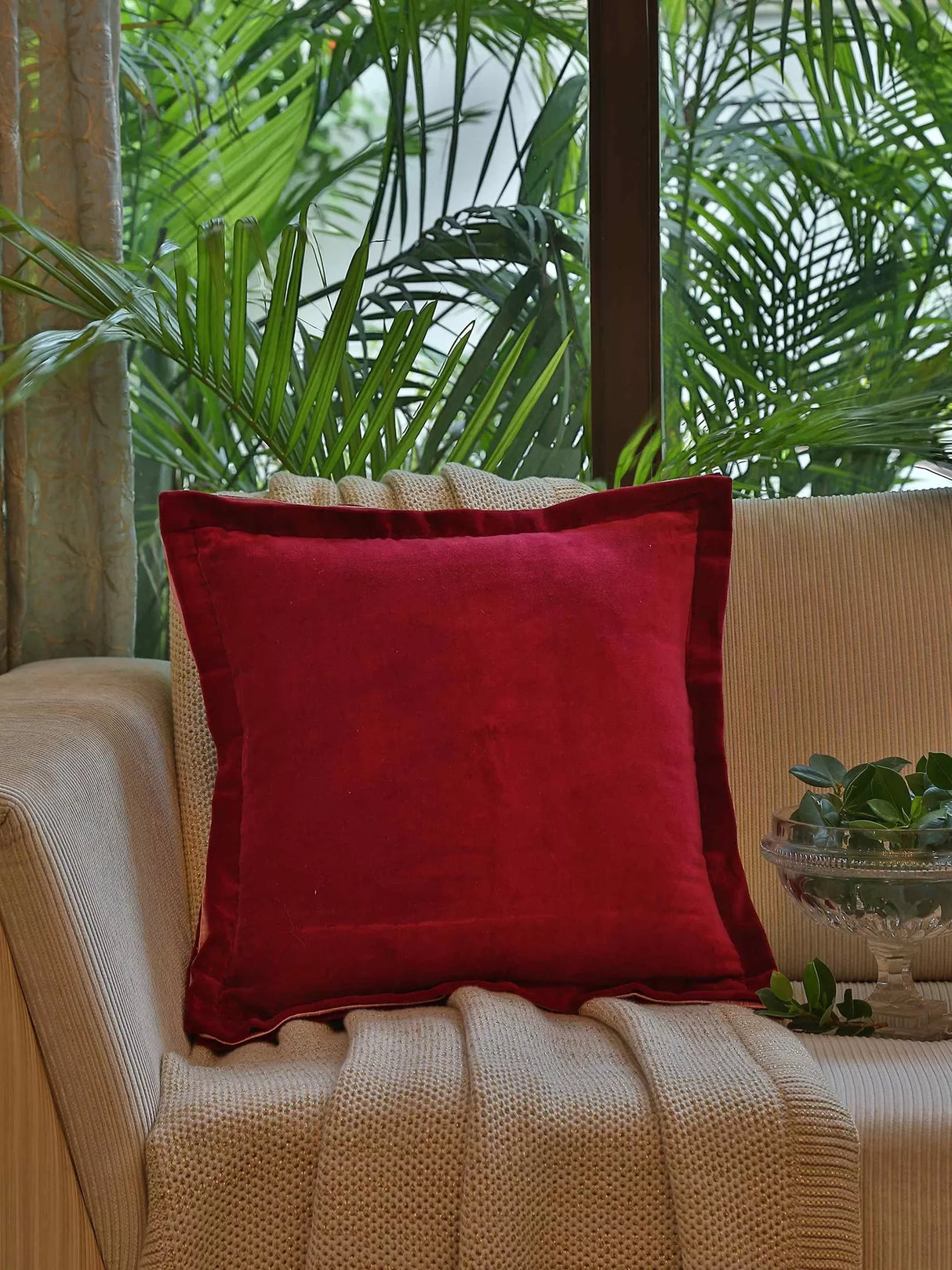 Cotton Velvet Cushion Cover - Maroon With Contrast Border Trim