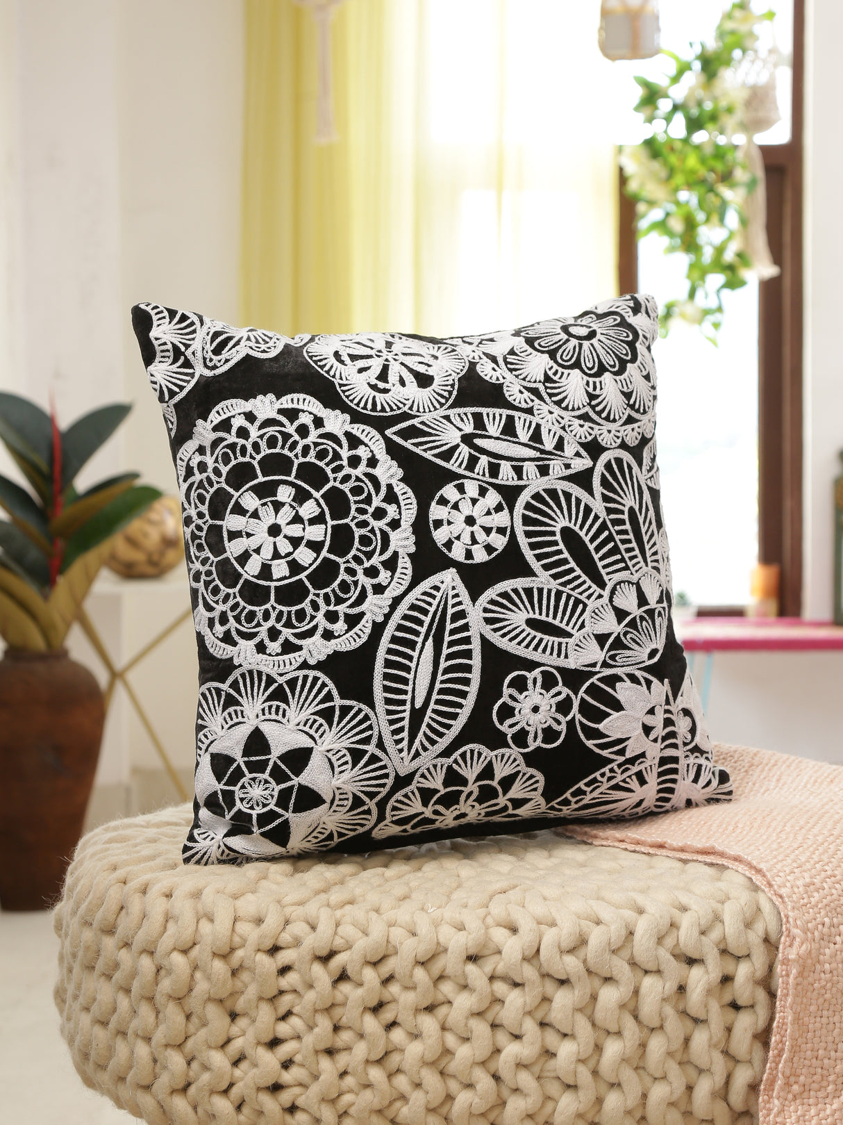 Monochrome Viscose velvet embroidered cushion cover