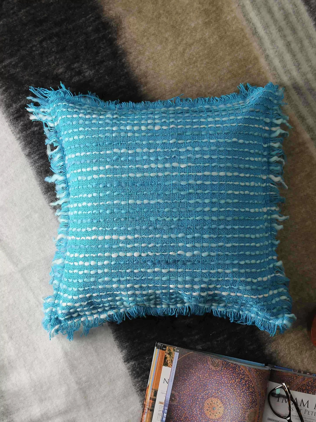 Acrylic Wool Cushion Cover - With Turquoise Soft Chunky Handwoven Fringes