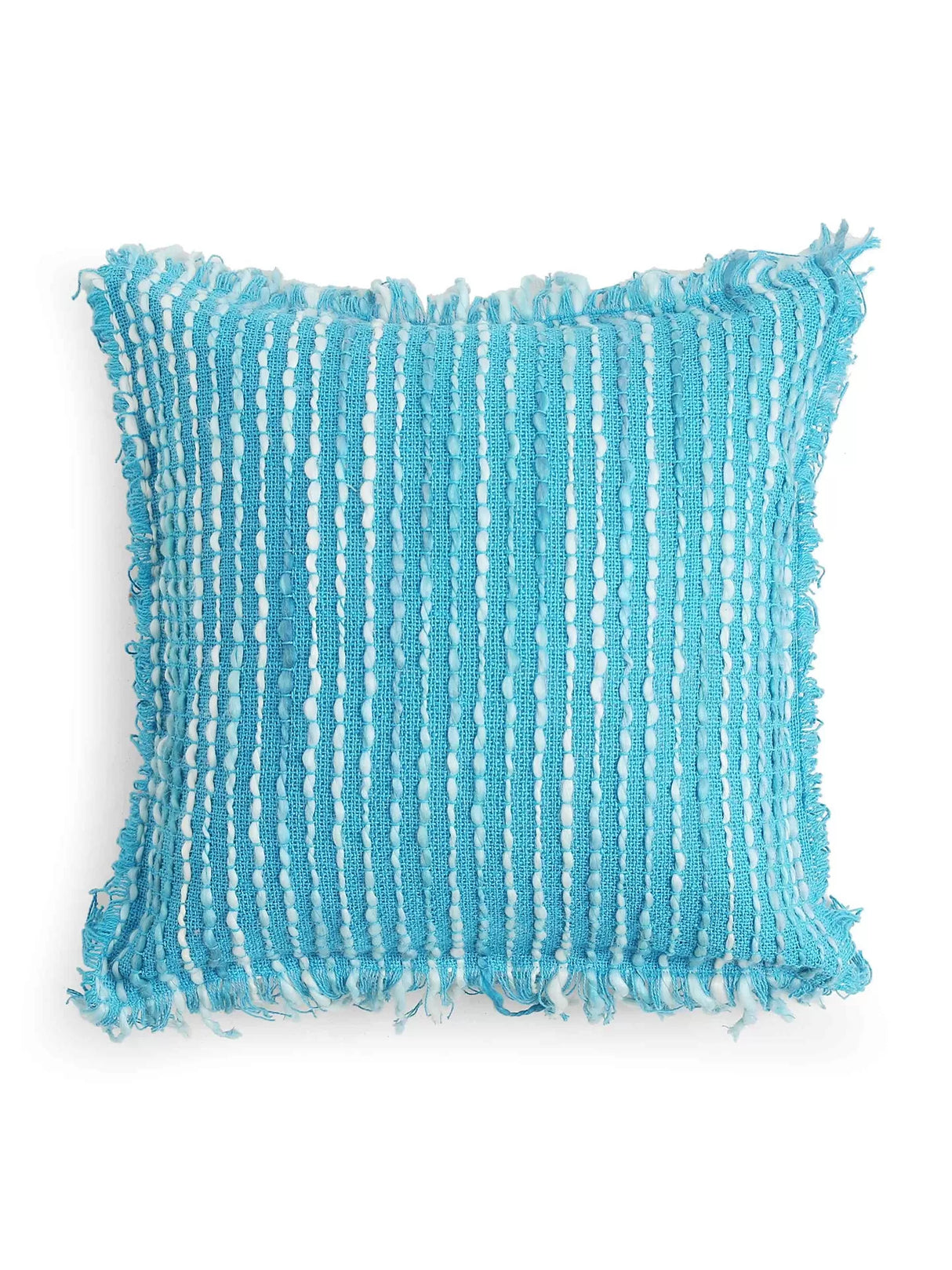 Acrylic Wool Cushion Cover - With Turquoise Soft Chunky Handwoven Fringes