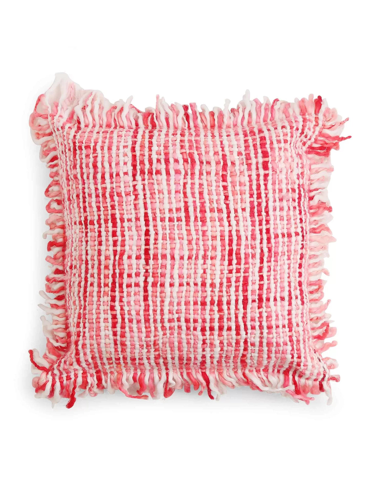 Acrylic Wool Cushion Cover - With Fuschia Soft Chunky Handwoven Fringes