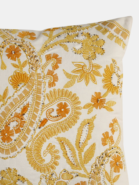 Stylish Amber Sky - Yellow Paisley Embroidered Cushion Cover