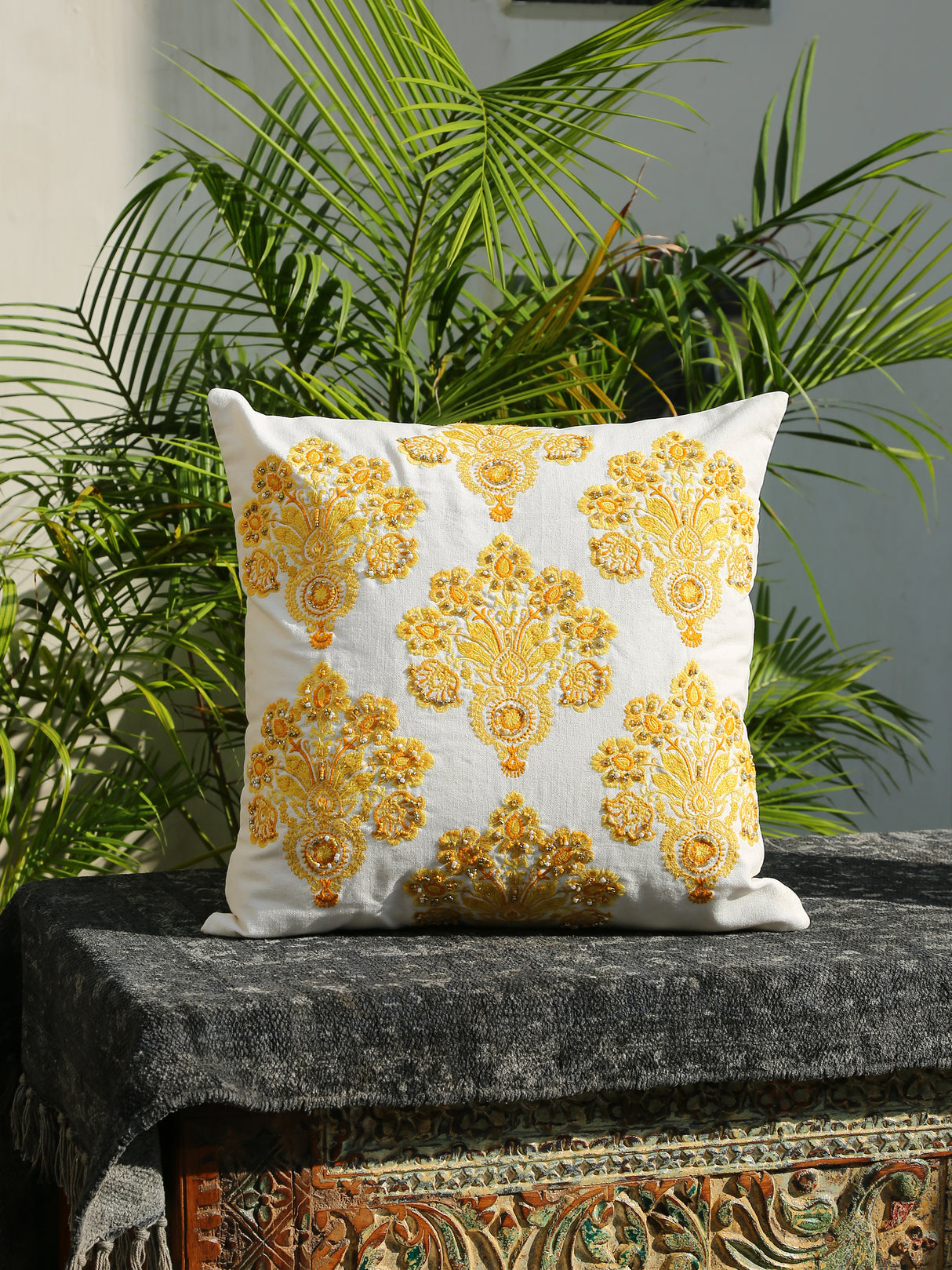 Stylish Amber Sky - Yellow Mughal Flower Embellished Cushion Cover