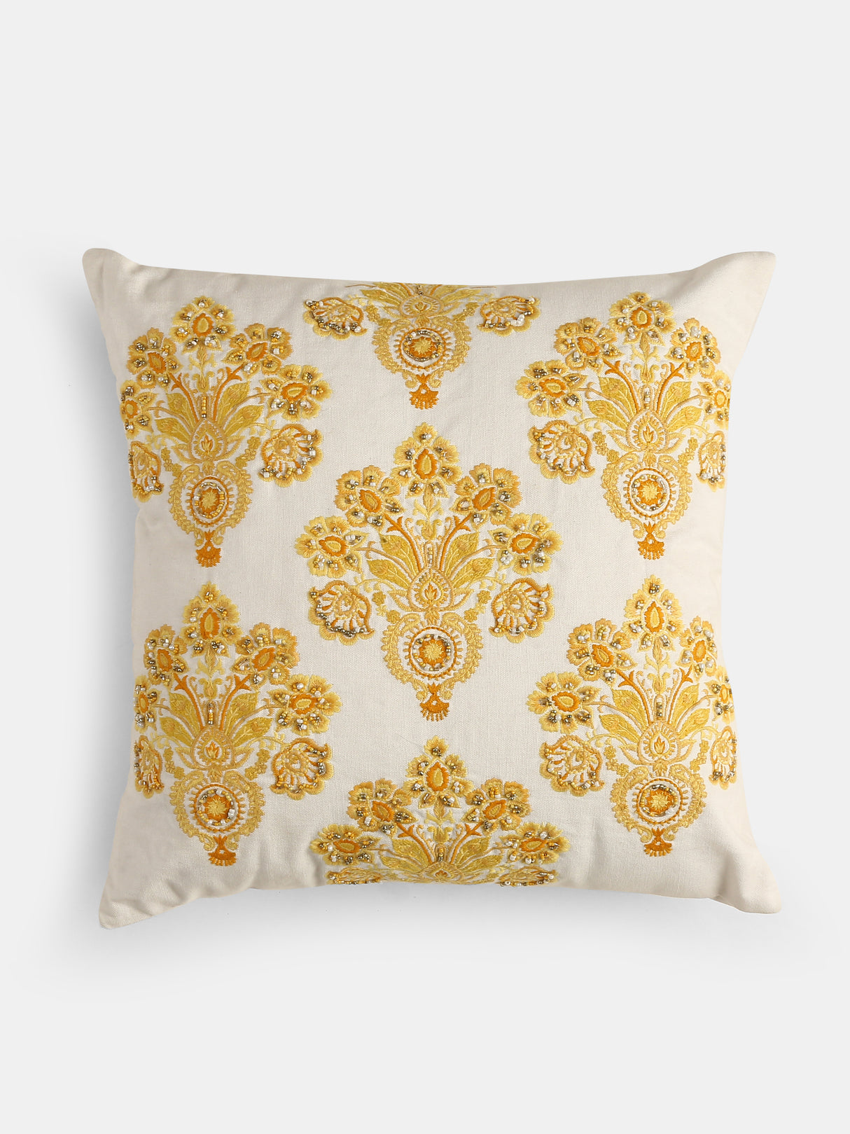 Stylish Amber Sky - Yellow Mughal Flower Embellished Cushion Cover
