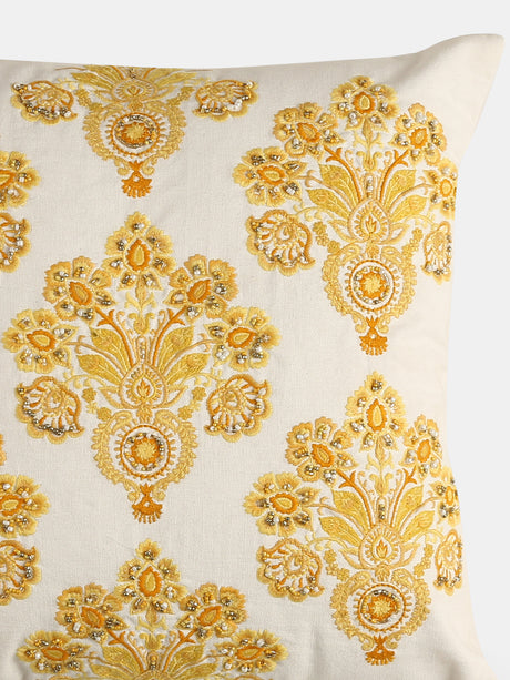 Stylish Amber Sky - Yellow Mughal Flower Embellished Cushion Cover