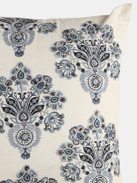 Stylish Amber Sky - Blue Mughal Flower Embellished Cushion Cover
