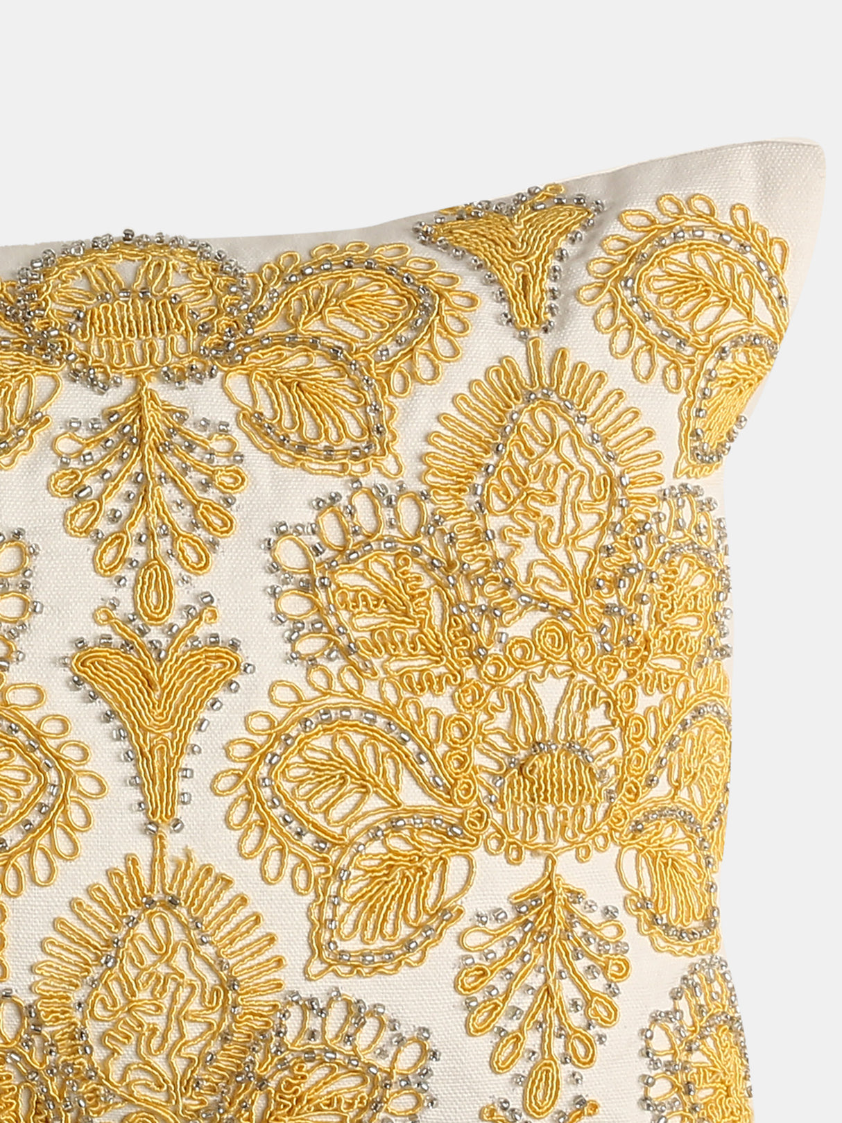 Stylish Amber Sky - Yellow Moghul Flower Dori Work Cushion Cover
