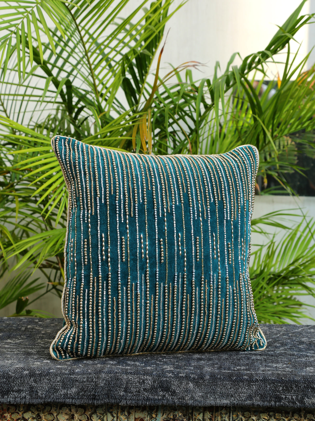Nature Inspired - Teal Green Beaded Cushion Cover