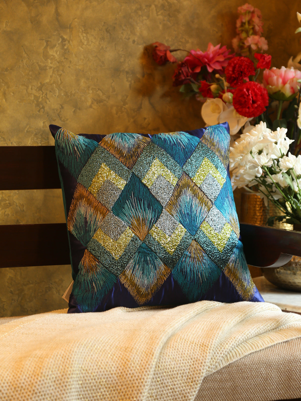 Nature Inspired- Multicolor Beaded Cushion Cover in Hues of Green