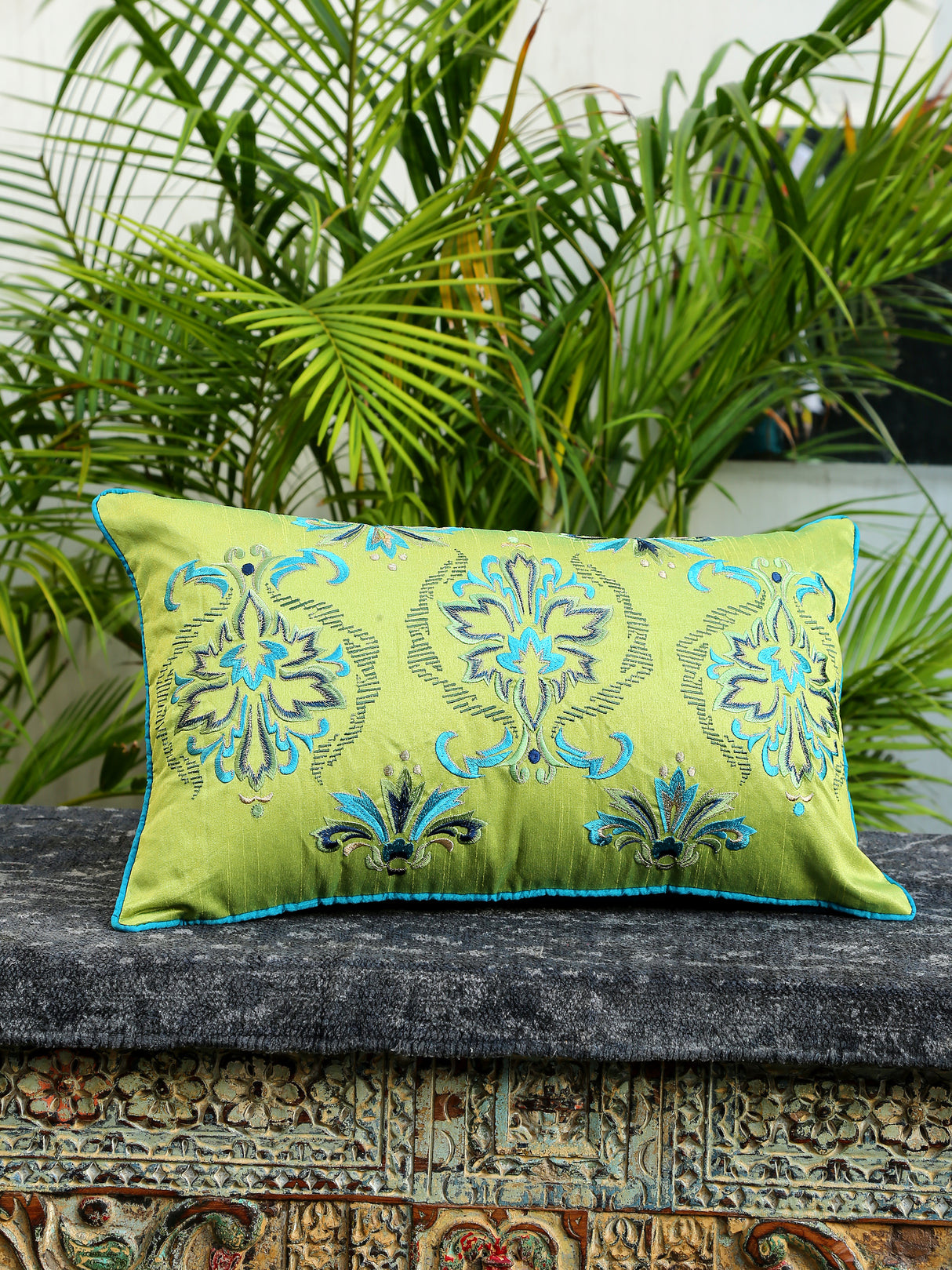 Nature Inspired- Green Embroidered Cushion Cover