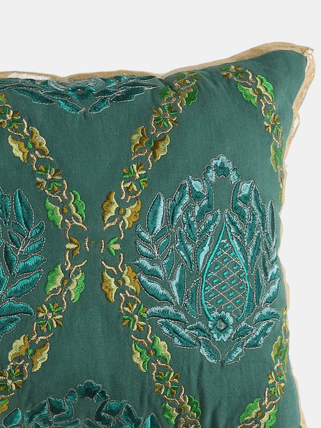 Nature Inspired- Teal Green Embroidered Cushion Cover