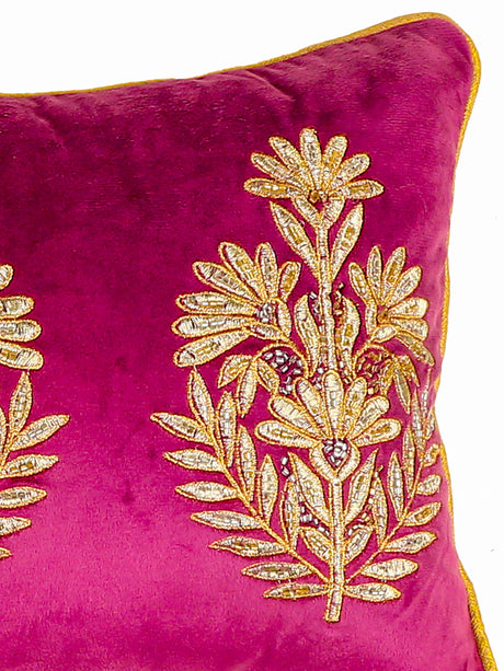 Velvet Cushion Cover - Violet Embellished With Mogul Flower Design Pillow Style