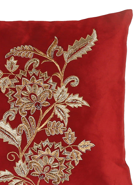 Velvet Cushion Cover - Burgundy Embellished Center Flower Design