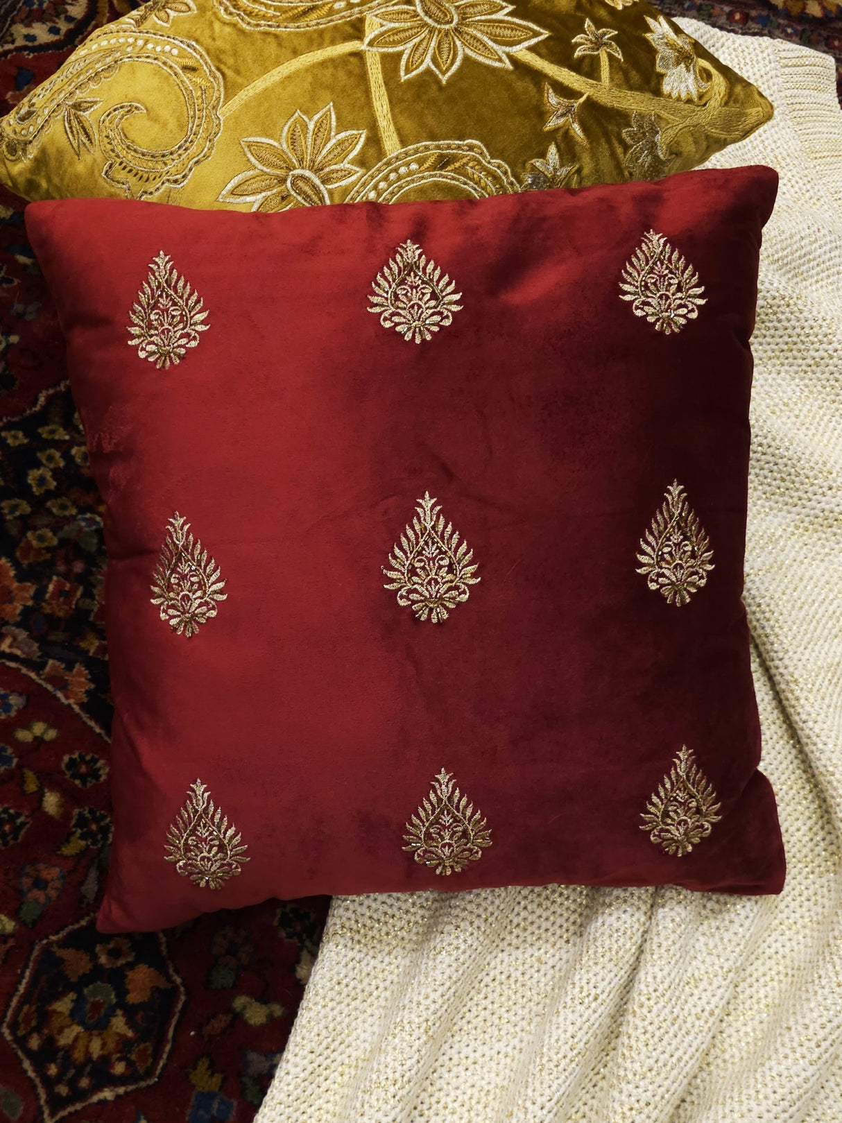 Velvet Cushion Cover - Burgundy Embroidered Flower Design