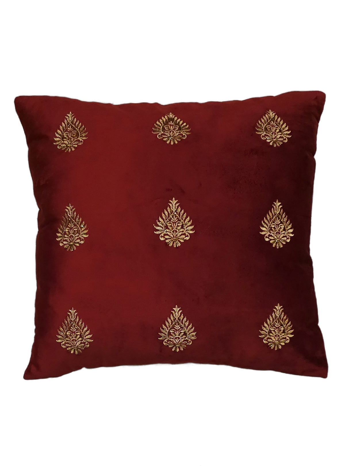 Velvet Cushion Cover - Burgundy Embroidered Flower Design