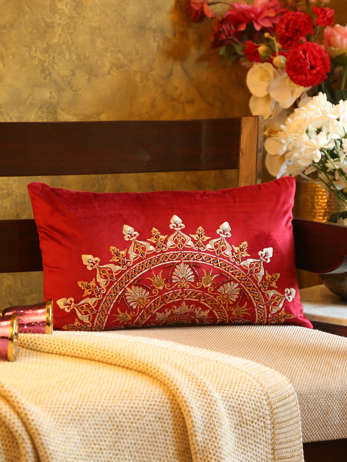 Velvet Cushion Cover - Burgundy Embroidered Mandala Design