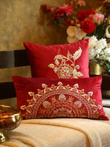 Velvet Cushion Cover - Burgundy Embroidered Mandala Design