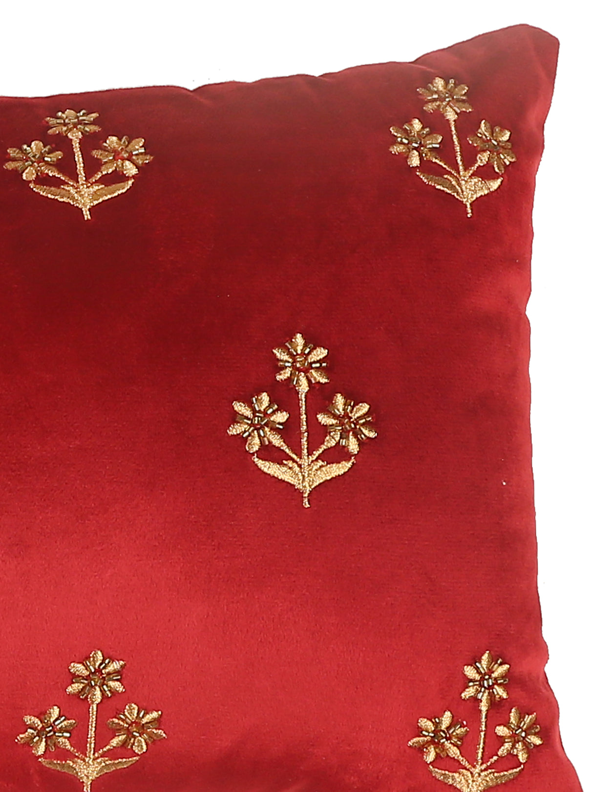 Velvet Cushion Cover - Burgundy Embroidered Flower Design