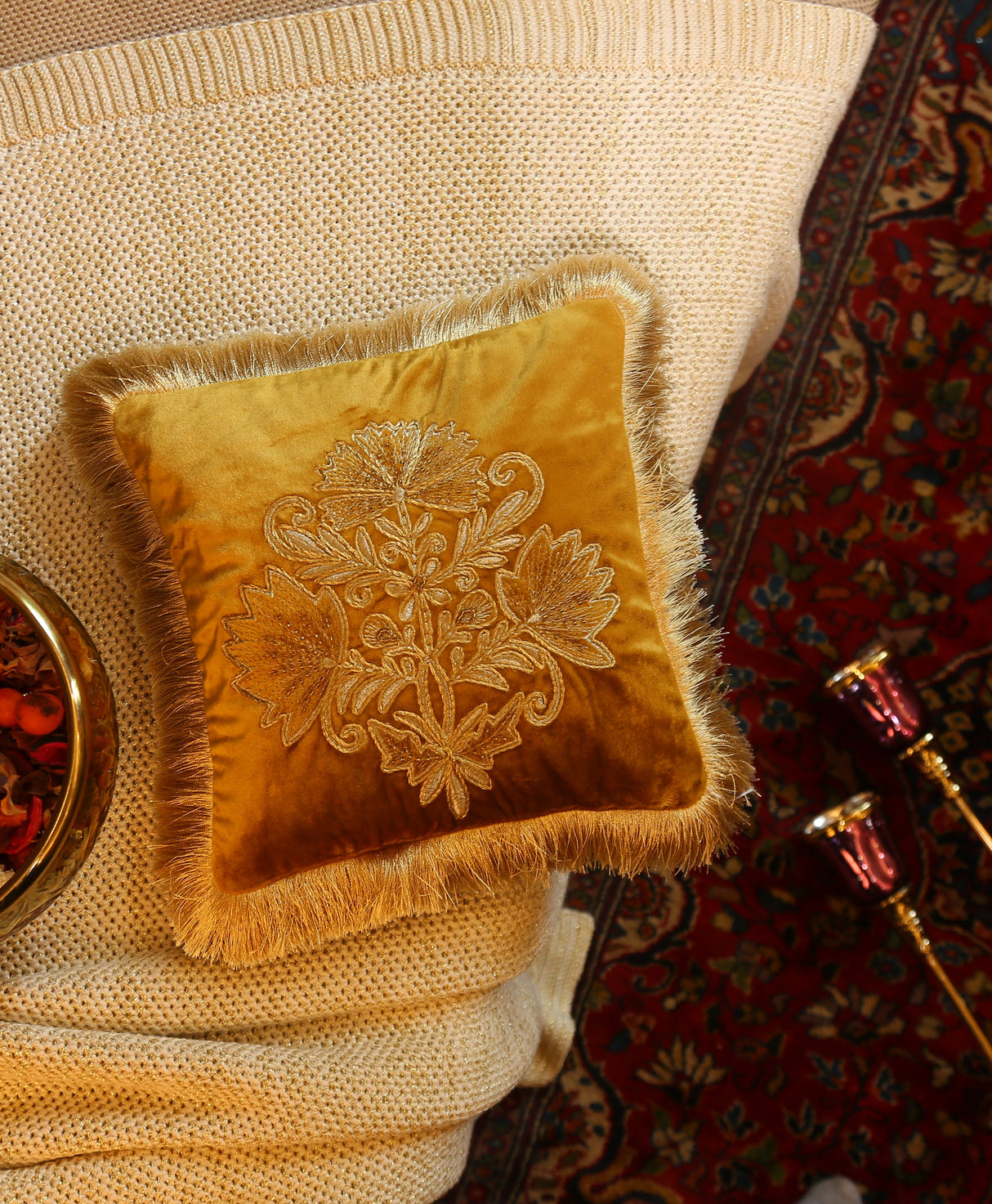 Velvet Cushion Cover - Mogul Design Mustard With Frings