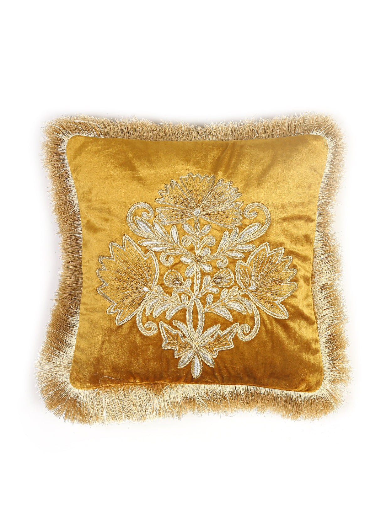 Velvet Cushion Cover - Mogul Design Mustard With Frings