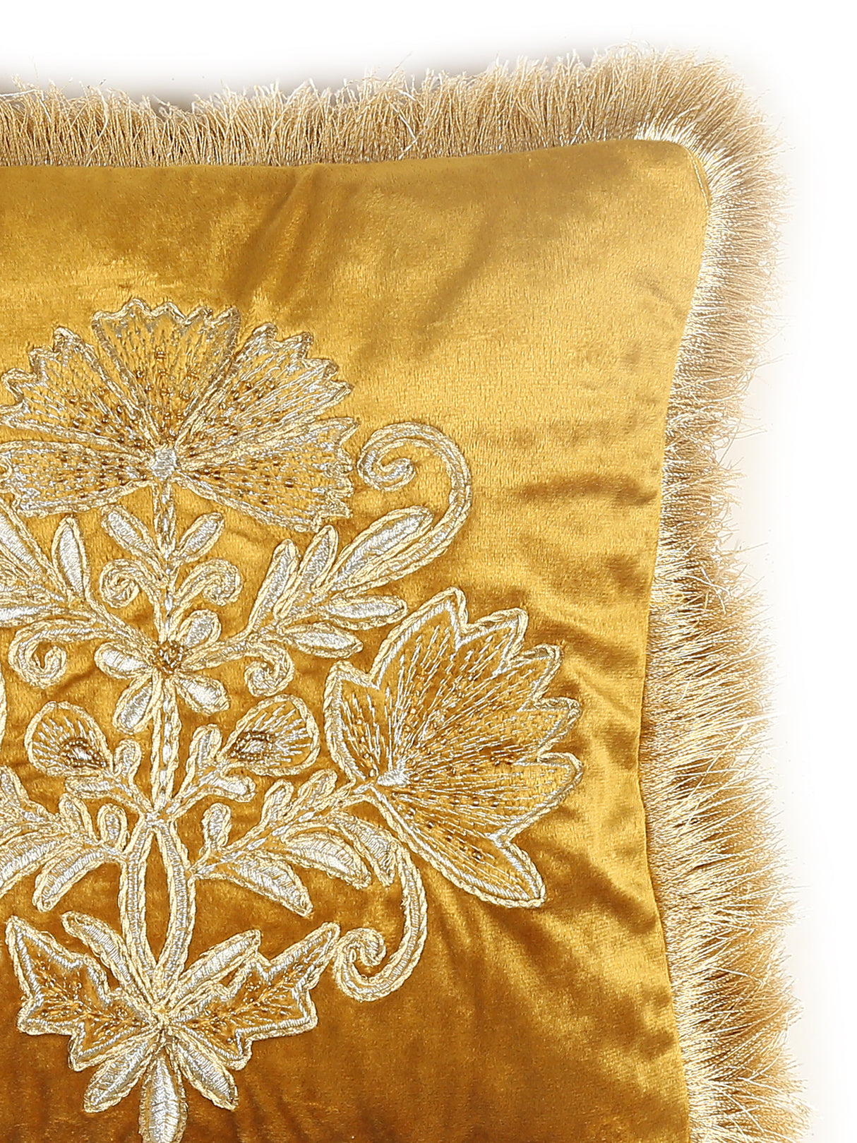 Velvet Cushion Cover - Mogul Design Mustard With Frings