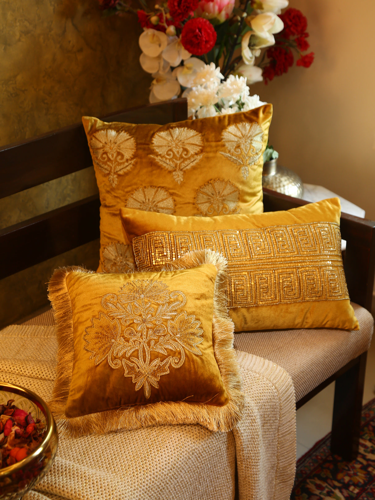 Velvet Cushion Cover - Mogul Design Mustard With Frings