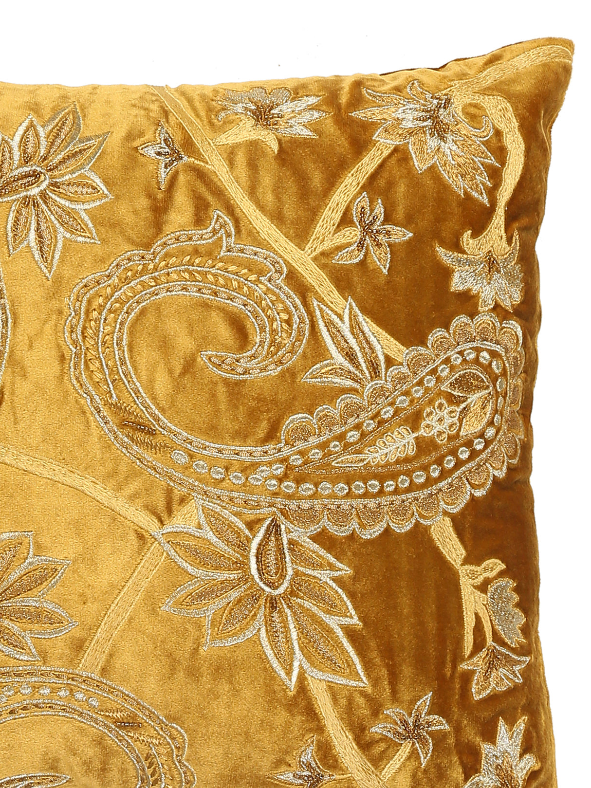 Velvet Cushion Cover - Mustard Paisley Design Embroidered