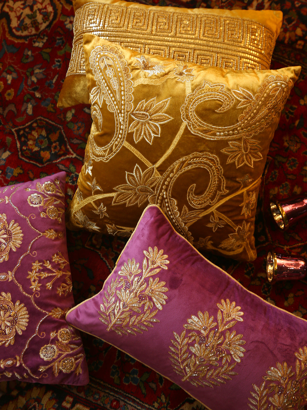 Velvet Cushion Cover - Mustard Paisley Design Embroidered