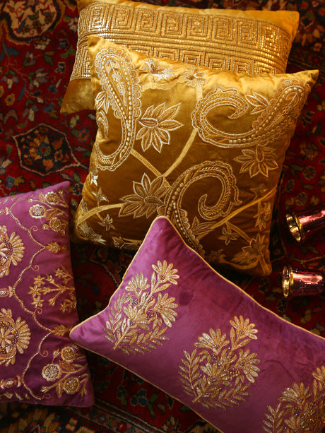 Velvet Cushion Cover - Mustard Paisley Design Embroidered