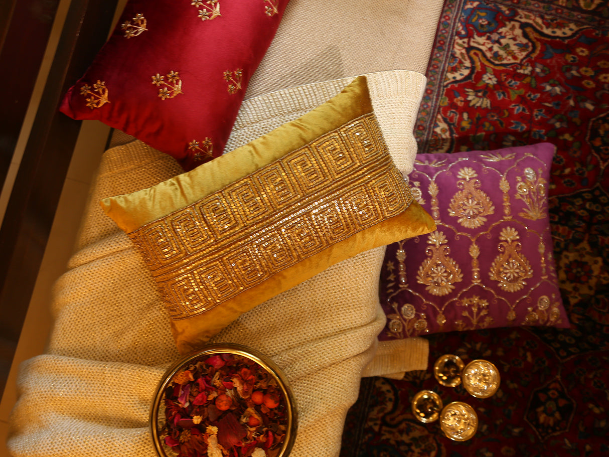 Velvet Cushion Cover - Mustard Embellished Pillow Style
