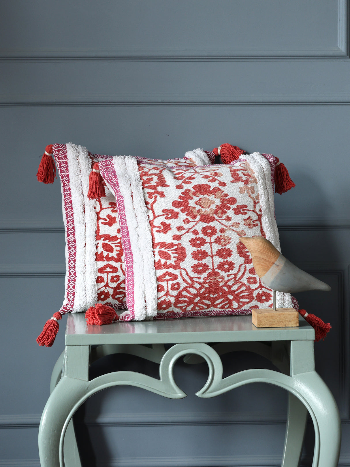 Peach flower printed cushion cover with fringes and tassels (Set of 2)