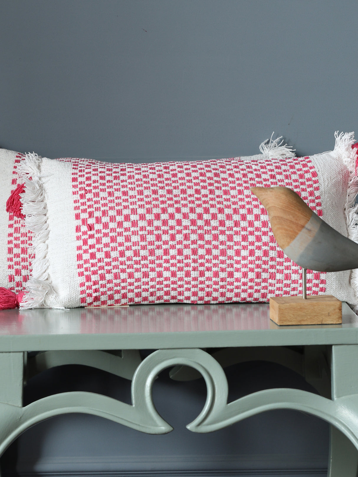 Hand woven cushion cover with tassels and fringes in pink and white (Set of 2)