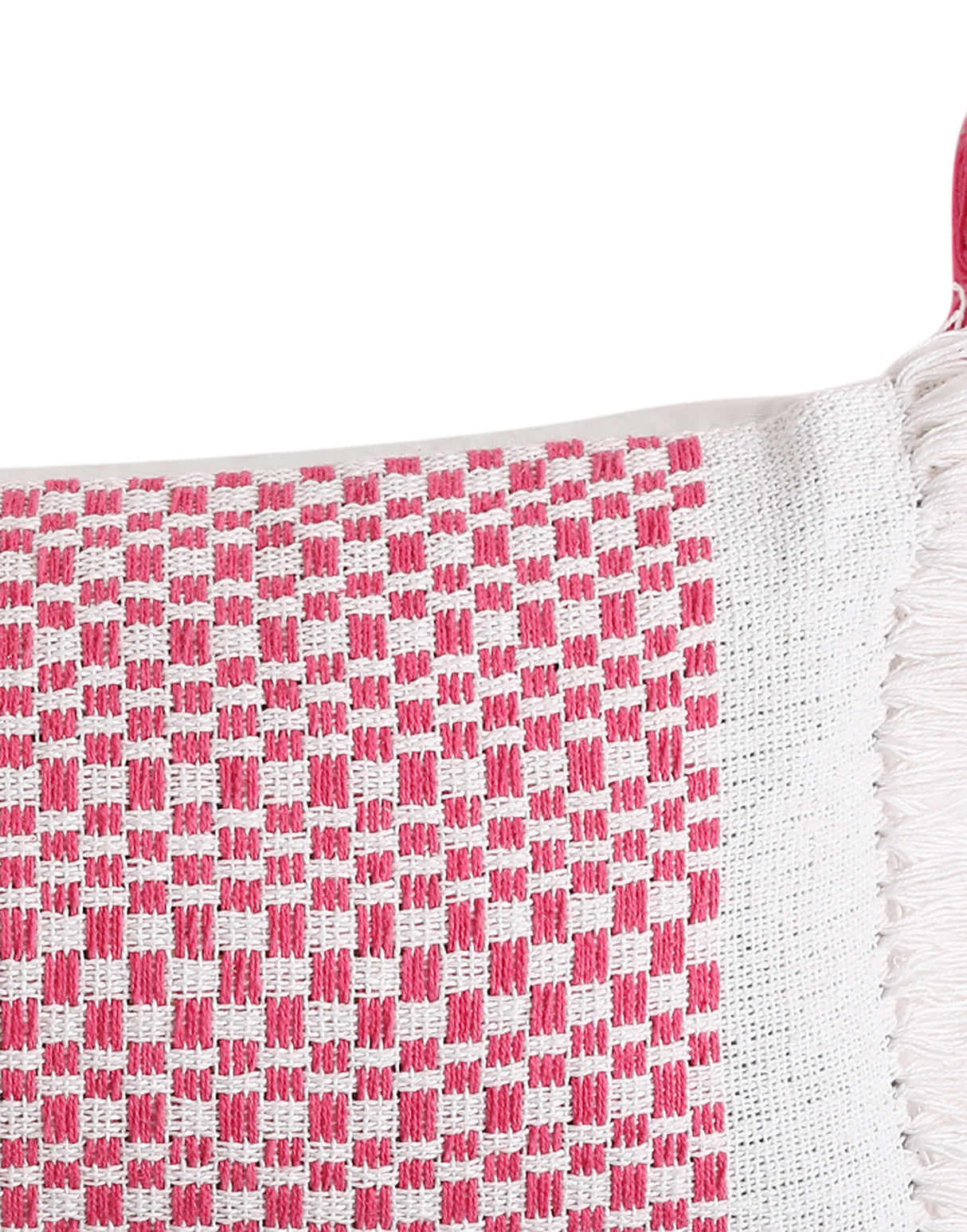 Hand woven cushion cover with tassels and fringes in pink and white (Set of 2)