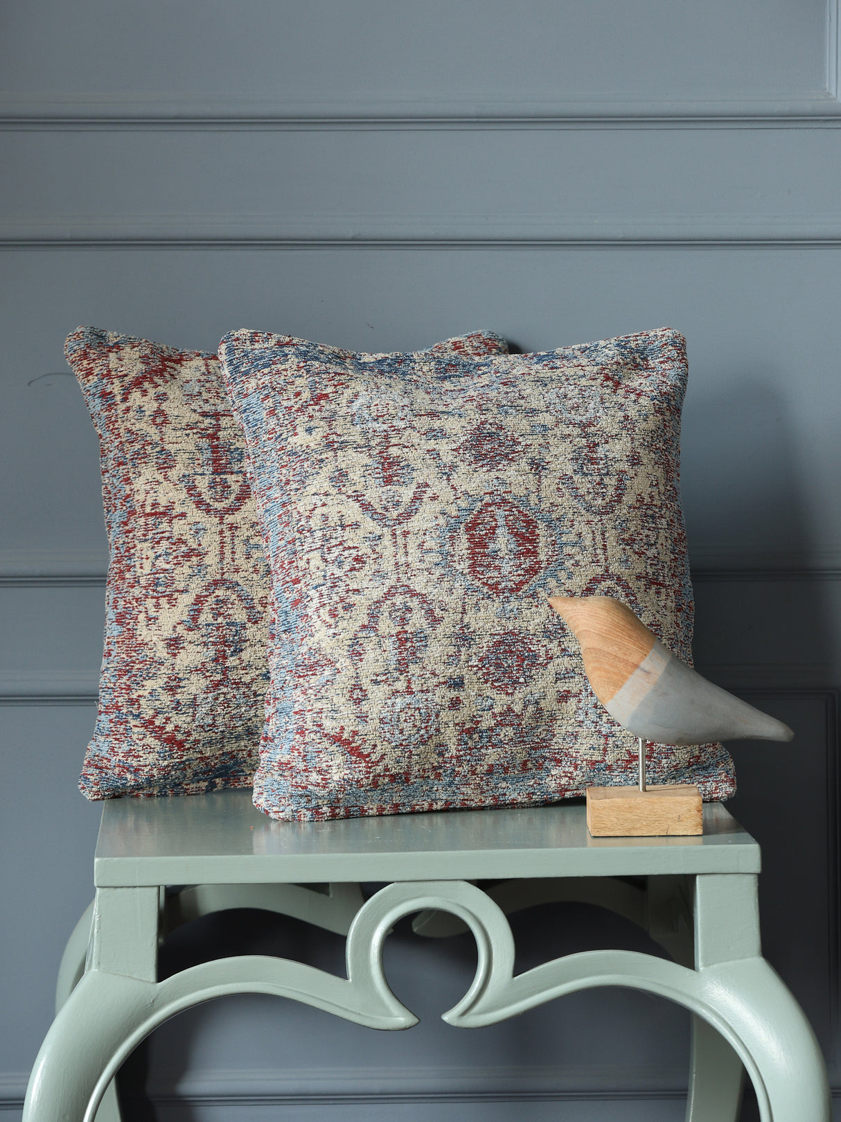 Jacquard Cotton Chenille Cushion cover in Persian motif - Beige & Multicolor (Set of 2)