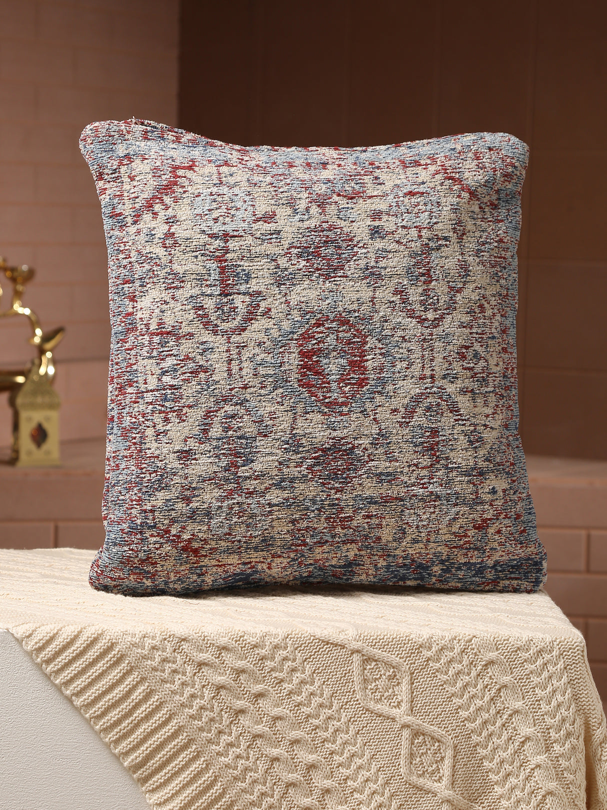 Jacquard Cotton Chenille Cushion cover in Persian motif - Beige & Multicolor (Set of 2)