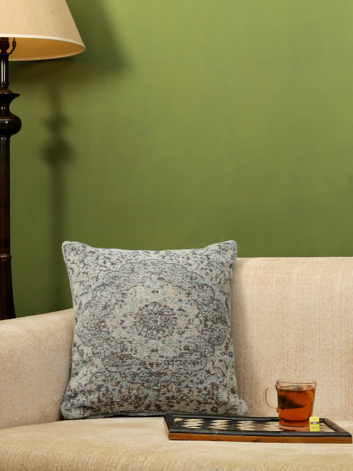 Jacquard Cotton Chenille Cushion cover in Persian motif - Blue (Set of 2)