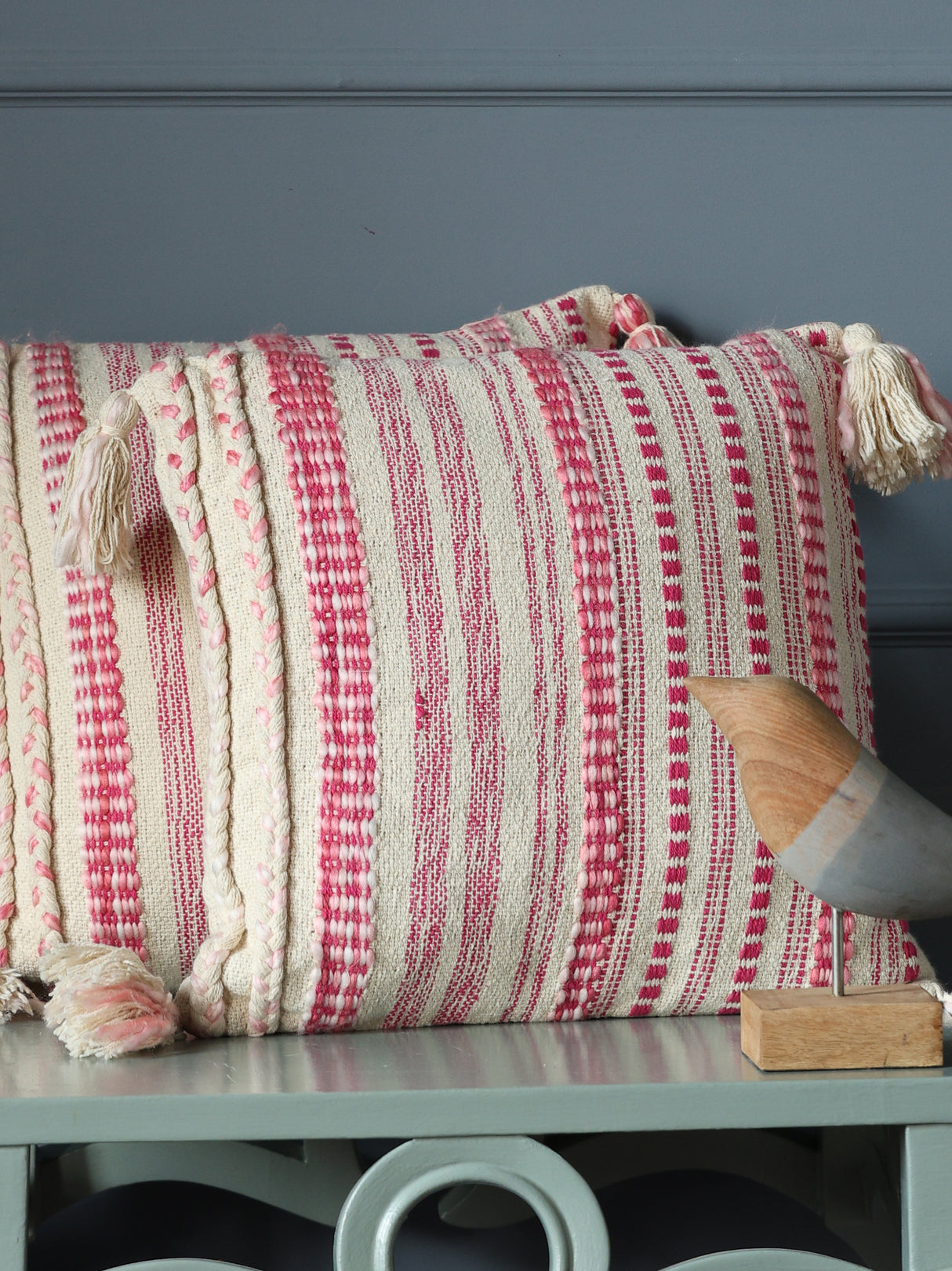 Ivory and Pink Cushion Cover with Tassels (Set of 2)