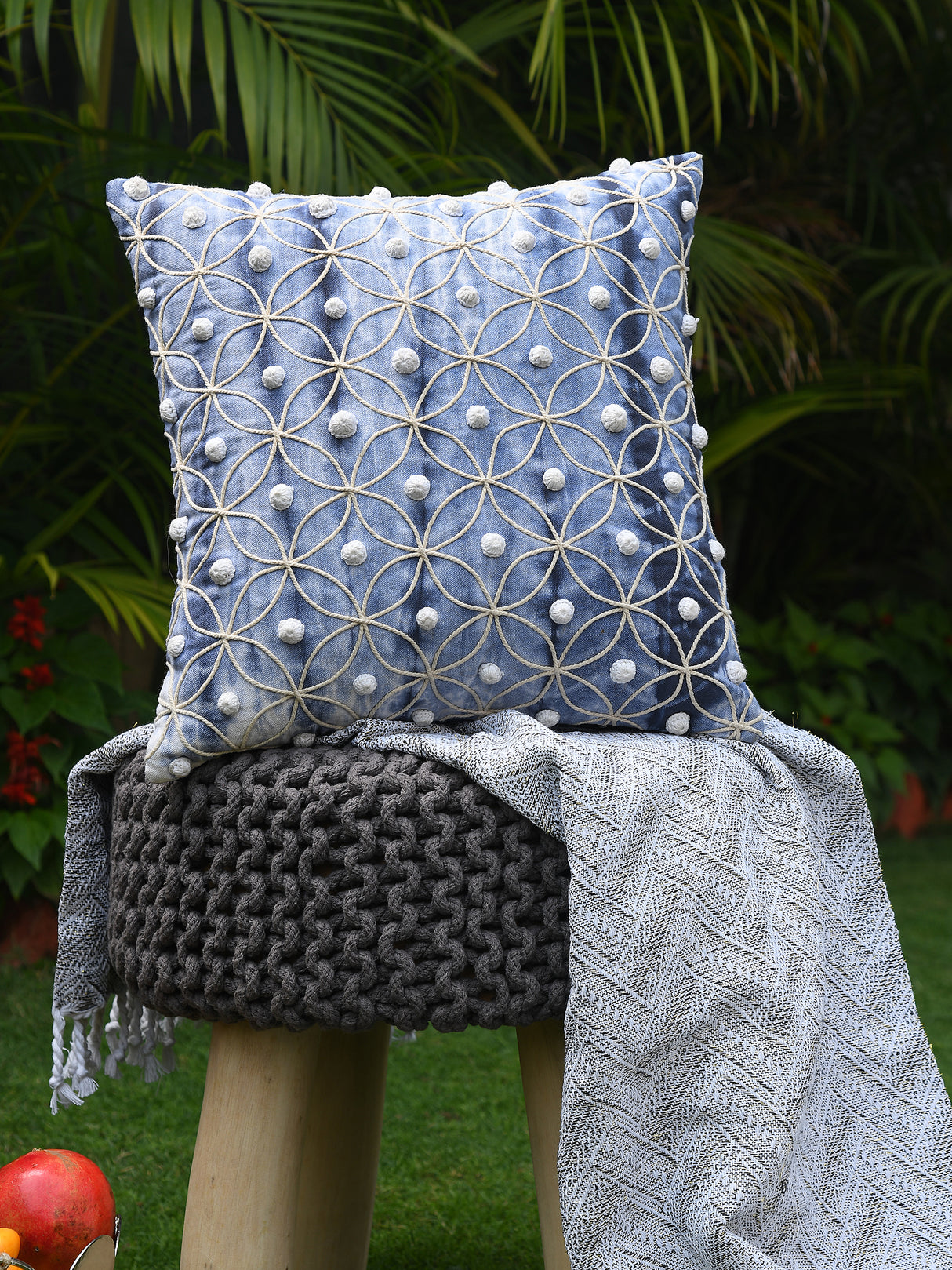 Cotton Duck Shibori Dyed with cord embroidery and crochet work handcrafted cushion cover