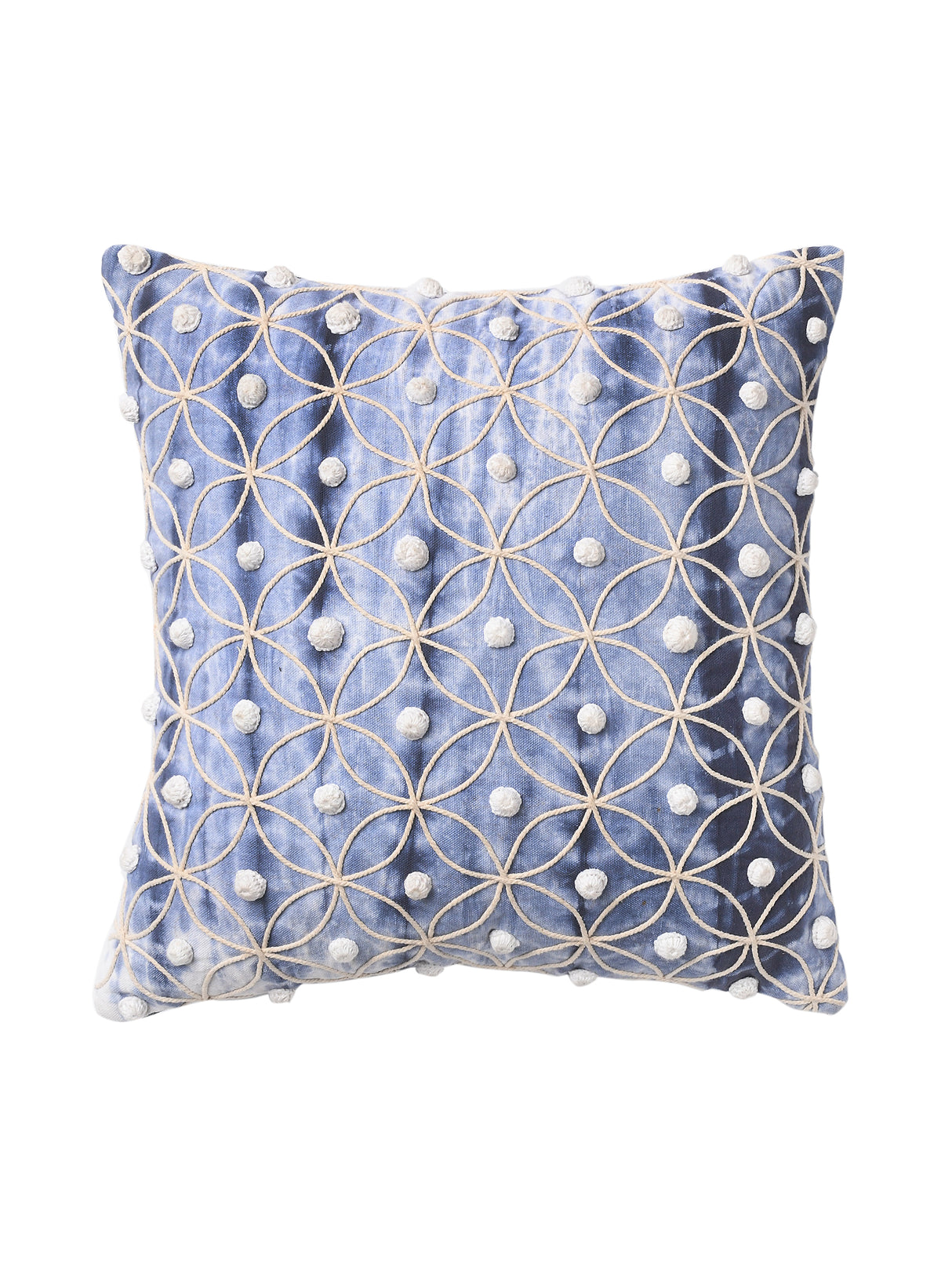 Cotton Duck Shibori Dyed with cord embroidery and crochet work handcrafted cushion cover