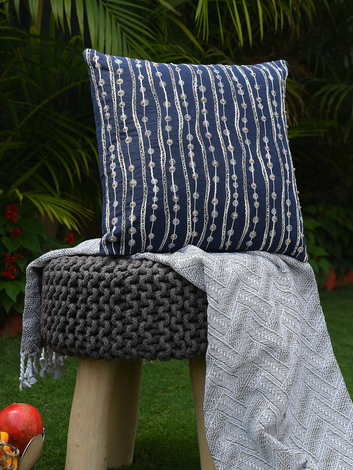 Cotton Duck with cord embroidery and beads handcrafted cushion cover