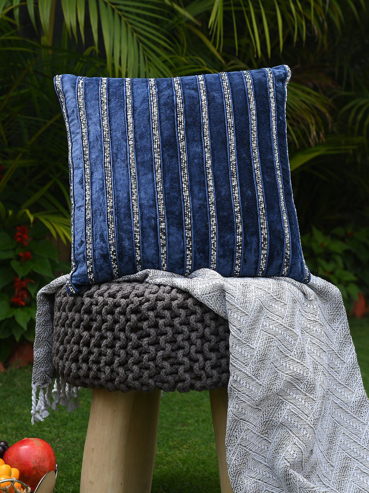 Viscose Velvet Double Needle and beads work handcrafted cushion cover