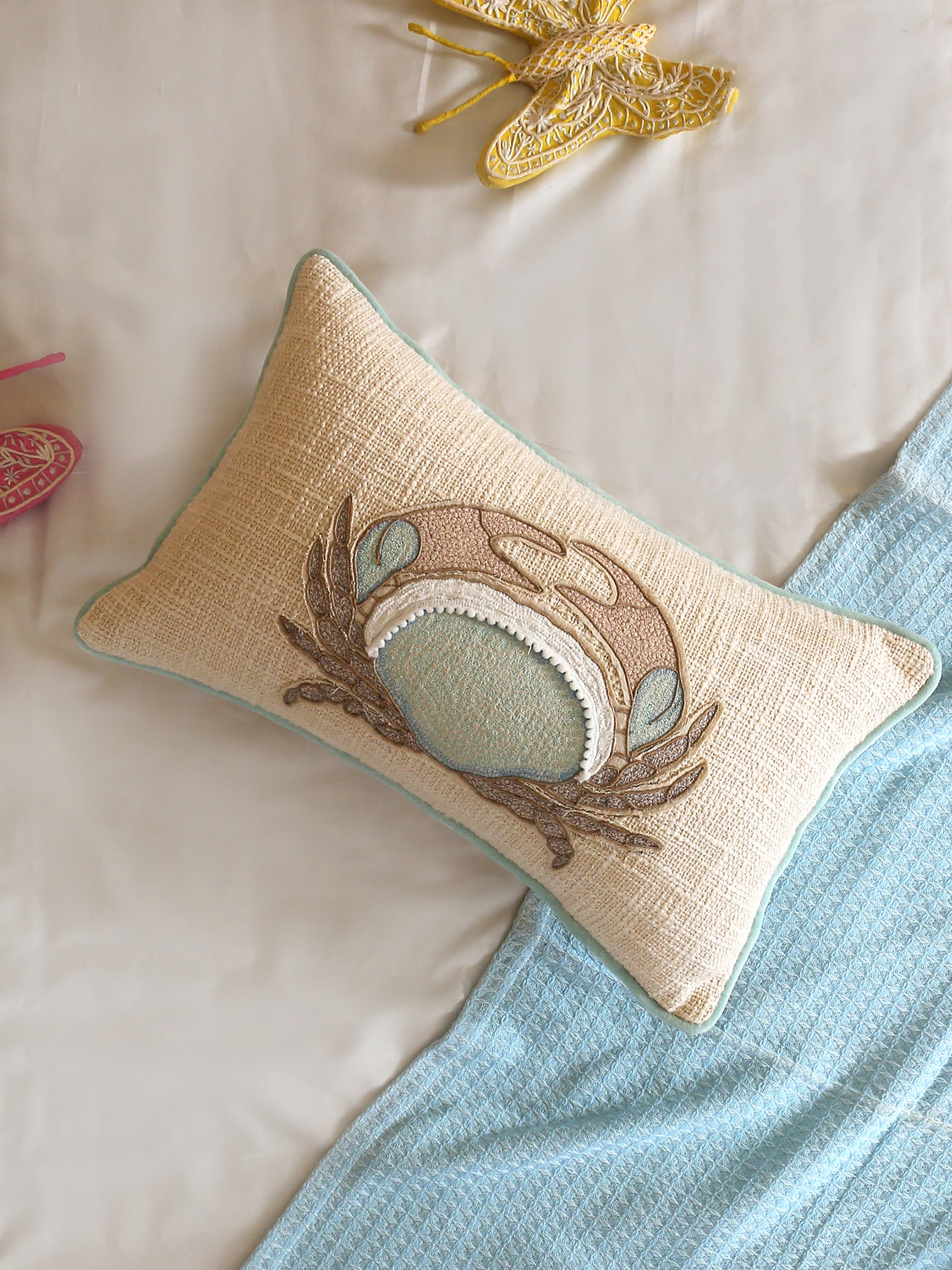 Cotton-Slub patch work with chicken embroidery cushion cover