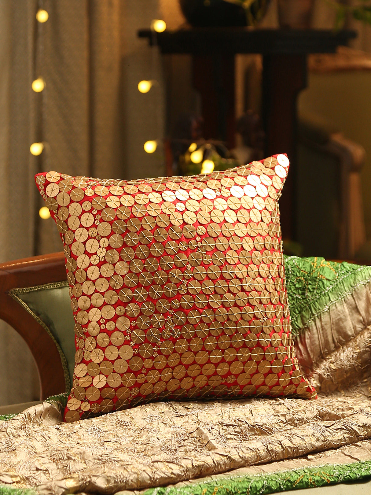 Cushion Cover - Patra Work In Red Faux Silk