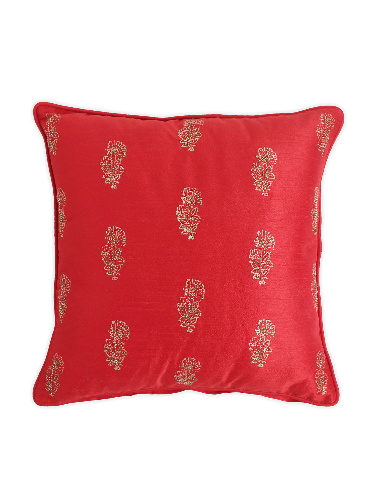 Block printed, hand beaded beautiful red cushion cover in Red faux silk